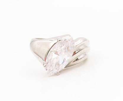 925 Sterling Silver Vintage Ring Marquise Cut CZ Ribbed Wave Band  Sz 7  RG35762