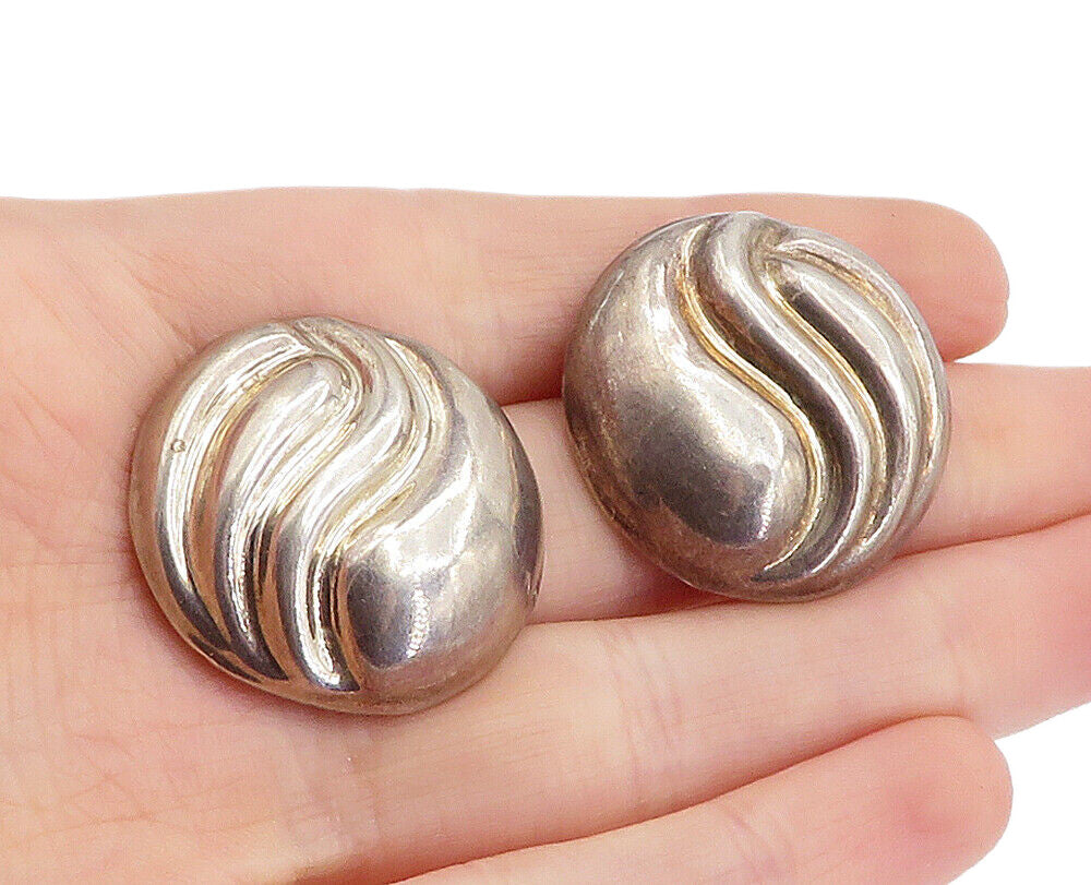 MEXICO 925 Sterling Silver  Vintage Dark Tone Fluted Dome Drop Earrings EG2486