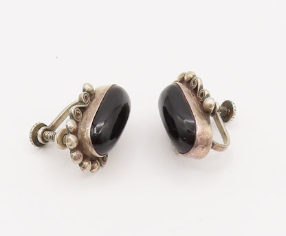 MEXICO 925 Sterling Silver Vintage Beads Swirls Onyx Screw Back Earrings EG12345