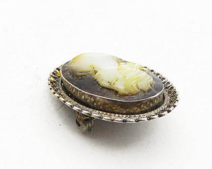 BEAU 925 Silver  Vintage Abalone & Mother Of Pearl Cameo Brooch Pin  BP4129