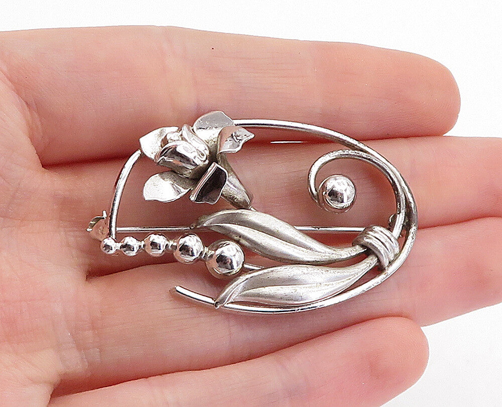 CARL ART 925 Sterling Silver  Vintage Shiny Sculpted Flower Brooch Pin  BP1844