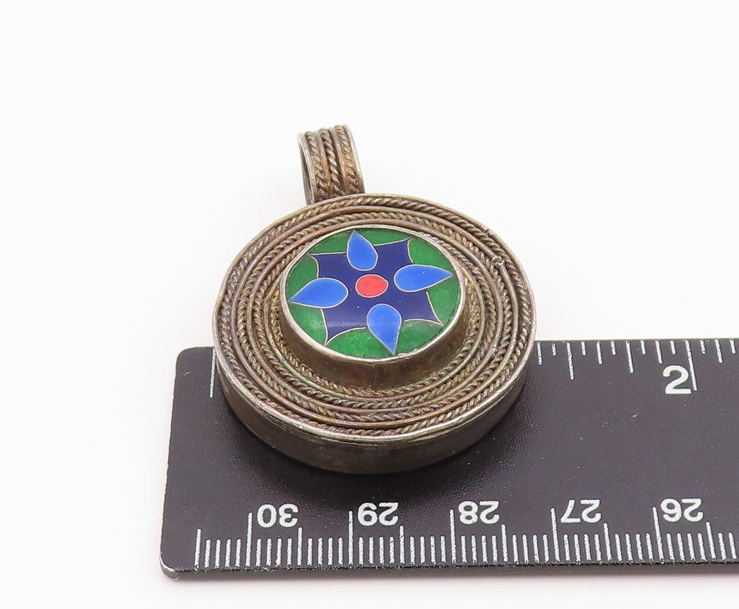 925 Sterling Silver Vintage Pendant Enamel Floral Design Medallion  PT25959