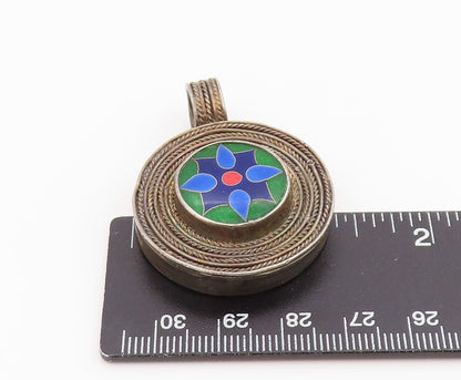 925 Sterling Silver Vintage Pendant Enamel Floral Design Medallion  PT25959