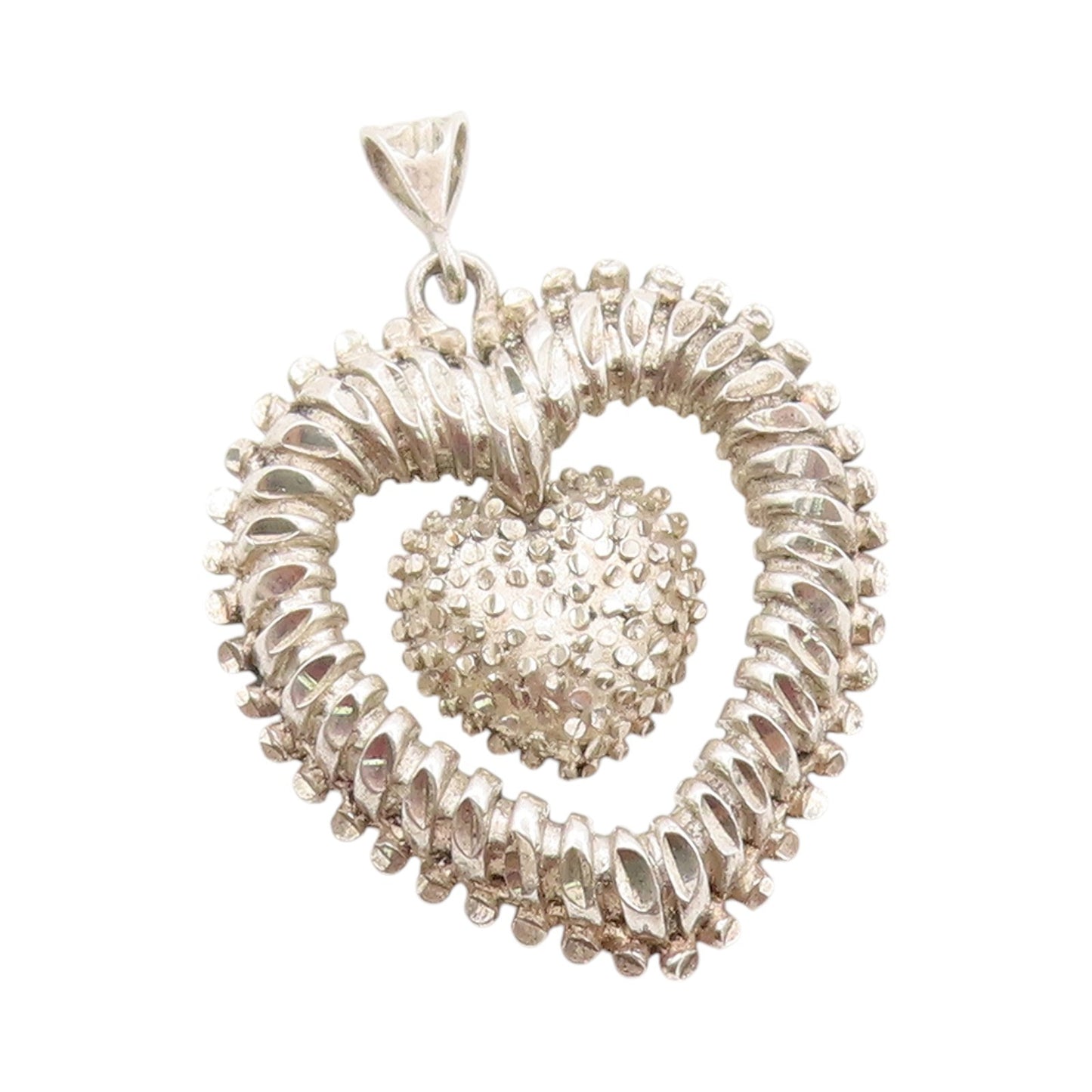 925 Sterling Silver Vintage Pendant Modernist Heart With Dangling Heart  PT24172