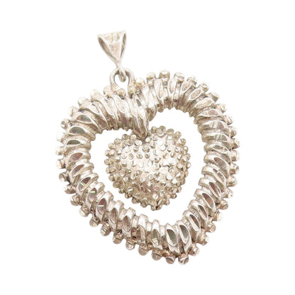 925 Sterling Silver Vintage Pendant Modernist Heart With Dangling Heart  PT24172
