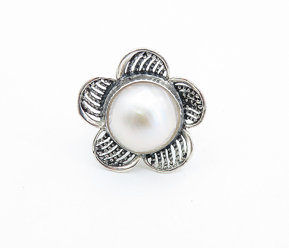 925 Sterling Silver  Freshwater Pearl Dome Flower Cocktail Ring Sz 7  RG7826