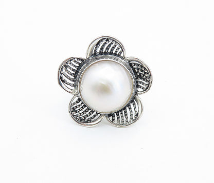 925 Sterling Silver  Freshwater Pearl Dome Flower Cocktail Ring Sz 7  RG7826