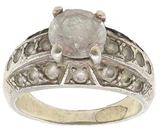 925 Sterling Silver  Vintage Prong Set White Topaz Band Ring Sz 6.5  RG15985