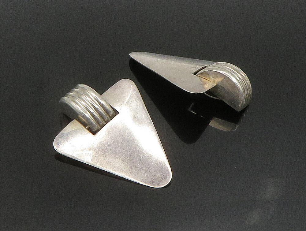MEXICO 925 Silver  Vintage Heavy Triangle Fluted Non Pierced Earrings  EG11669