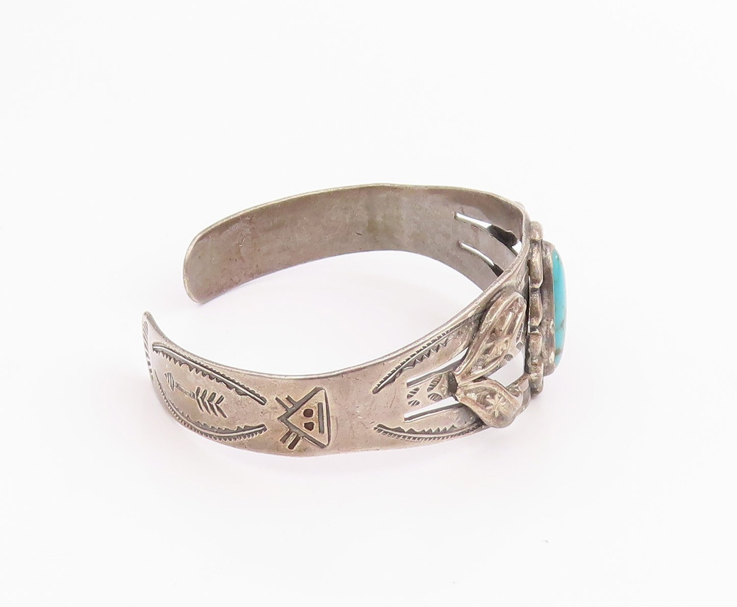 925 Sterling Silver Vintage Bracelet BELL NAVAJO Etched Turquoise Cuff  BT11966