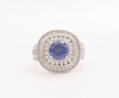 925 Sterling Silver Vintage Ring Round Cut Sapphire Halo CZ Inlay  Sz 7  RG30746