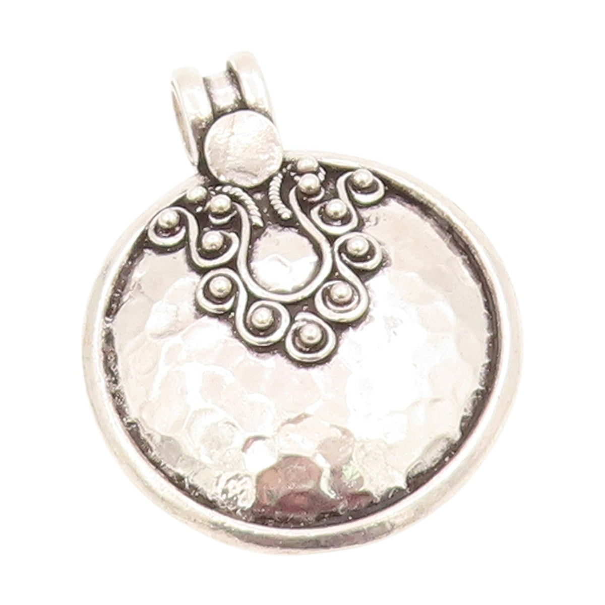 925 Sterling Silver Vintage Pendant Hammered Beaded Scrollwork Medal  PT25768