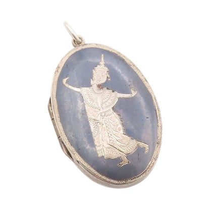 925 Sterling Silver Vintage Pendant SIAM Niello Thai Dancer Amulet OPENS PT24853
