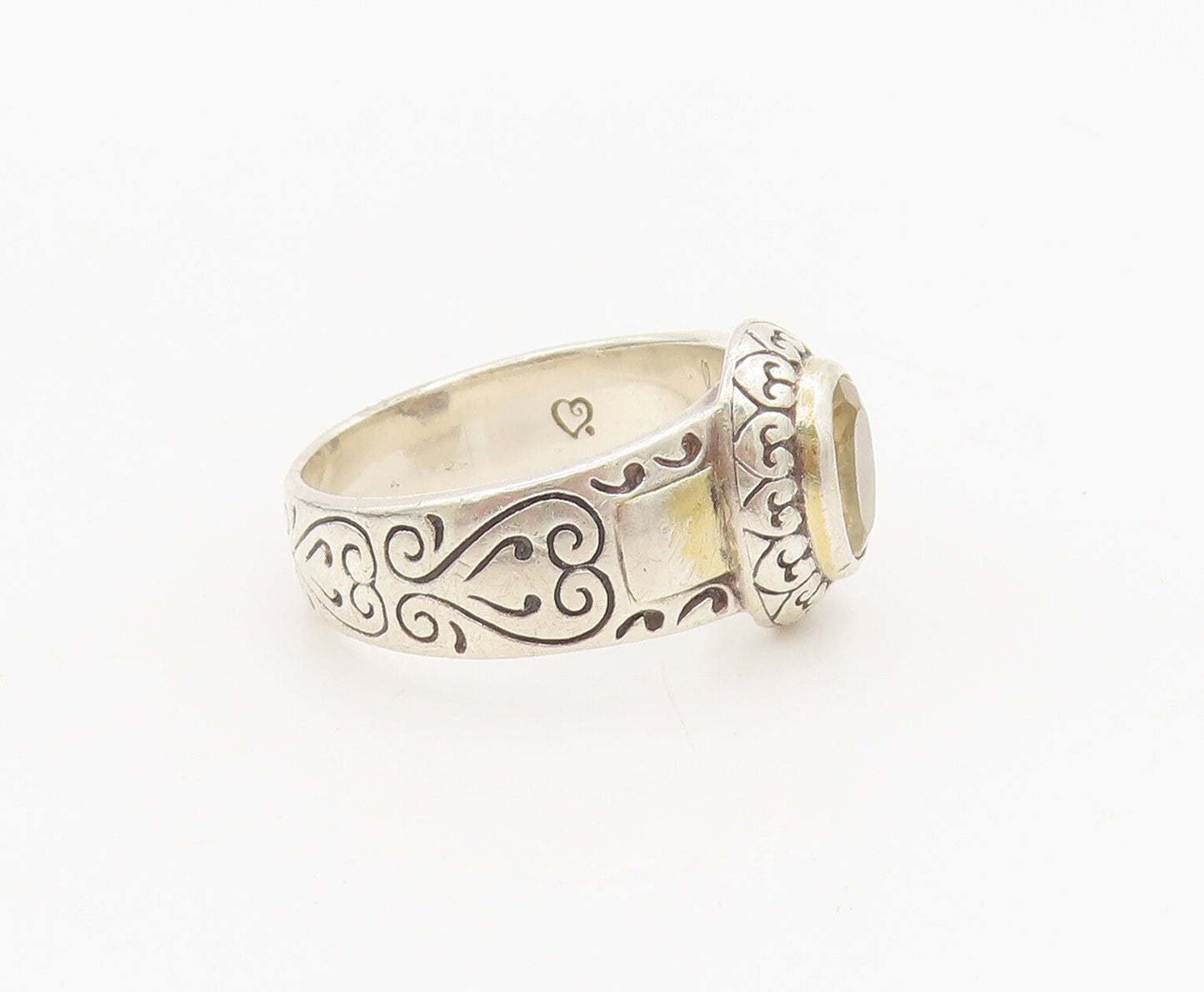 KAMELEON 925 Silver  Vintage Etched Swirls Citrine Solid Ring Sz 7.5  RG26903