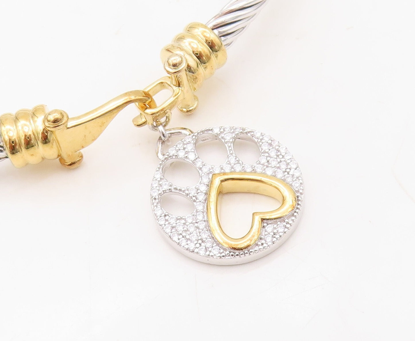 925 Sterling Silver Vintage Bracelet Roped Dangling Paw Carved  Charm  BT10708