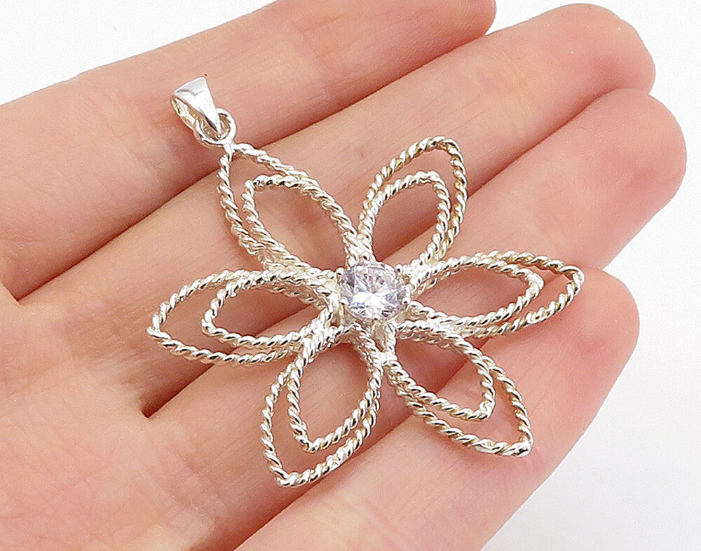 925 Sterling Silver  Cubic Zirconia Twist Open Flower Motif Pendant  PT3384