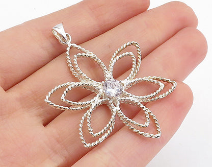 925 Sterling Silver  Cubic Zirconia Twist Open Flower Motif Pendant  PT3384