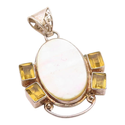 925 Sterling Silver  Vintage Mother Of Pearl & Citrine Swirl Pendant  PT7413