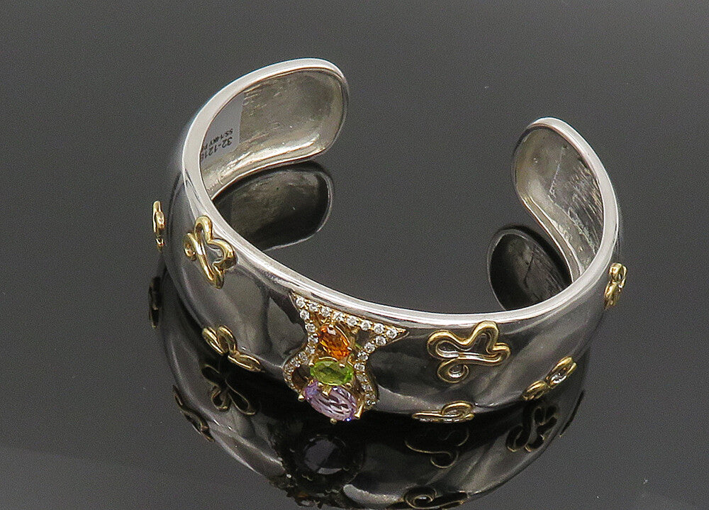925 Silver & 14K GOLD  Vintage Genuine Diamonds & Citrine Cuff Bracelet BT8095