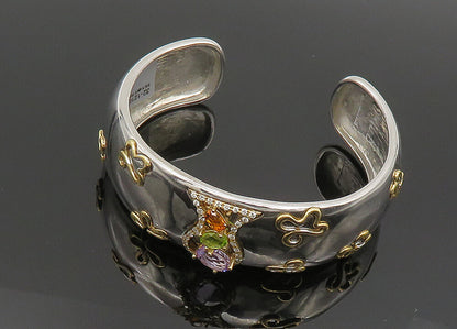 925 Silver & 14K GOLD  Vintage Genuine Diamonds & Citrine Cuff Bracelet BT8095