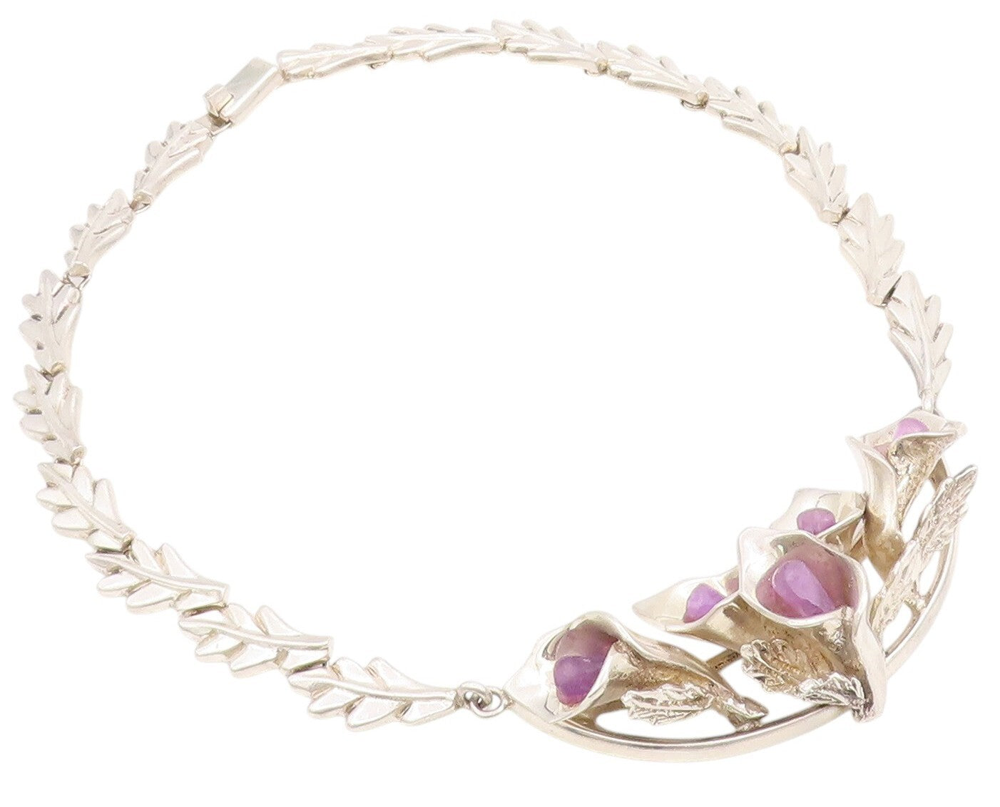 925 Sterling Silver Vintage Necklace MEXICO Heavy Cutout Gemstone Lily  NE4476