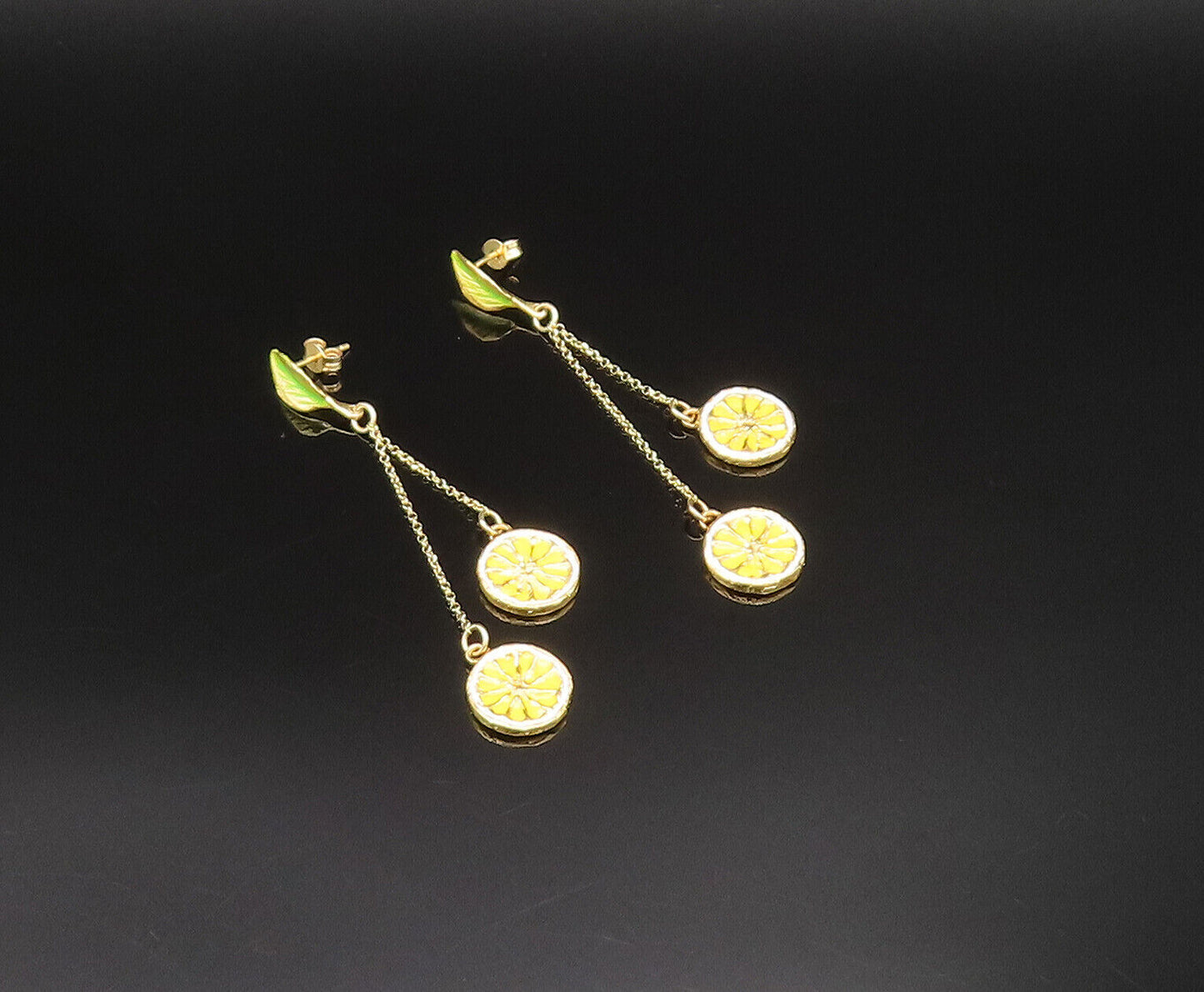 925 Sterling Silver Vintage Enamel Leaf & Lemon Slices Dangle Earrings EG11916