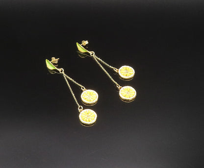 925 Sterling Silver Vintage Enamel Leaf & Lemon Slices Dangle Earrings EG11916