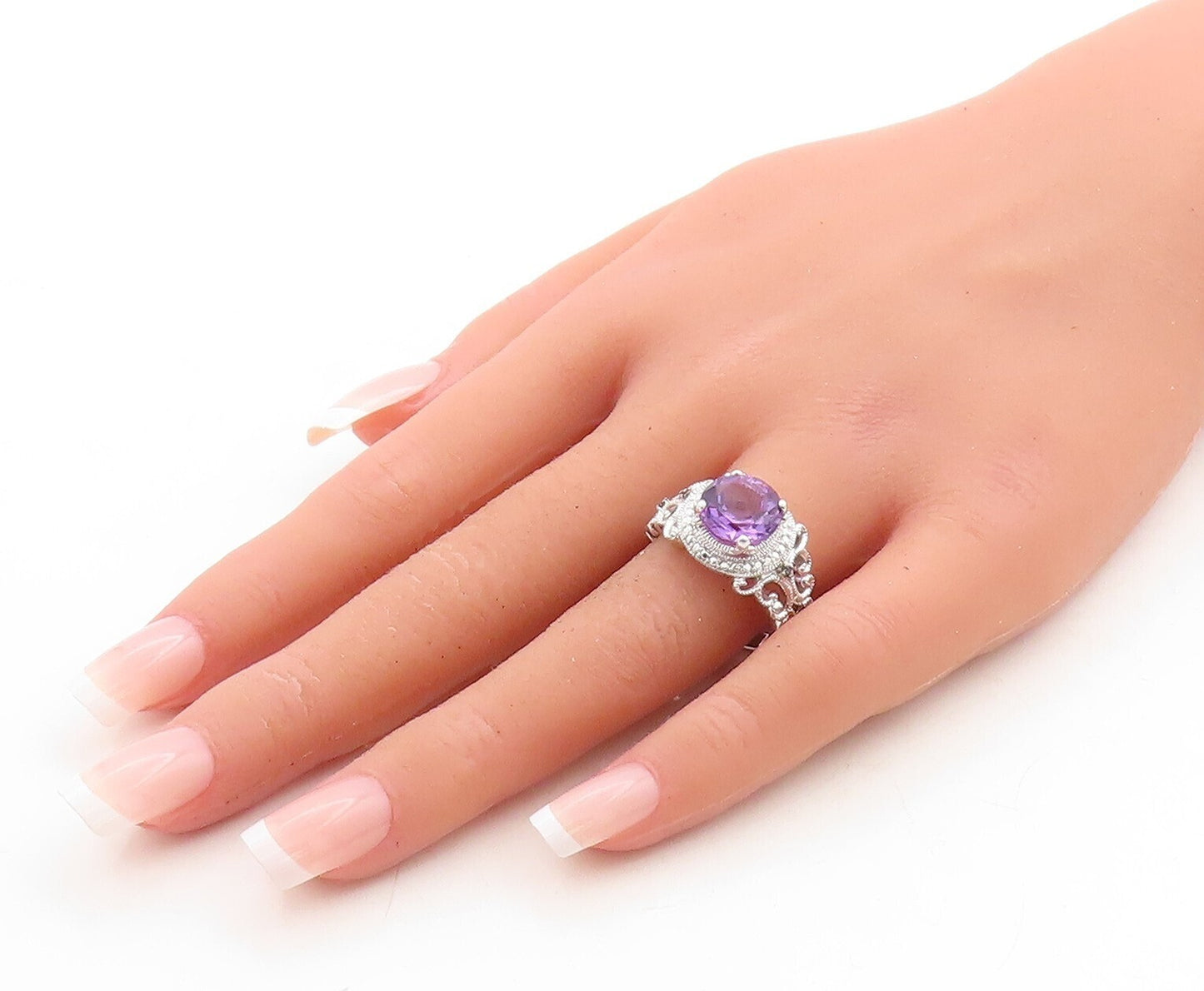 925 Sterling Silver Vintage Ring Swirly Carved Round Cut Amethyst  Sz 9  RG31387