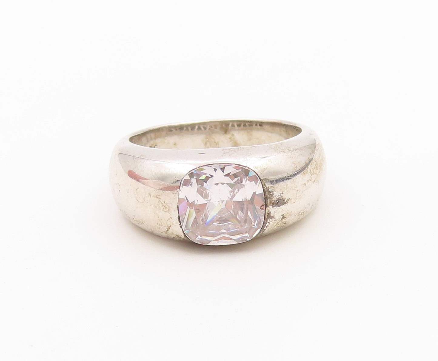 925 Sterling Silver Vintage Ring Cushion Cut CZ Solitaire Dome  Sz 7.5  RG36607