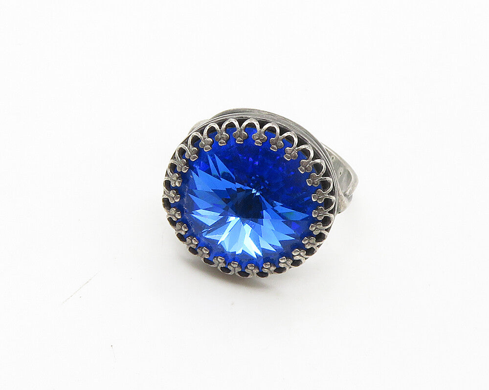 925 Silver  Antique Victorian Blue Topaz Round Cocktail Ring Sz 6.5  RG18315