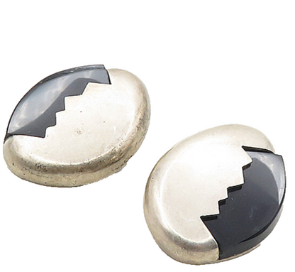 MEXICO 925 Silver  Vintage Black Onyx Cracked Egg Non Pierce Earrings  EG4861