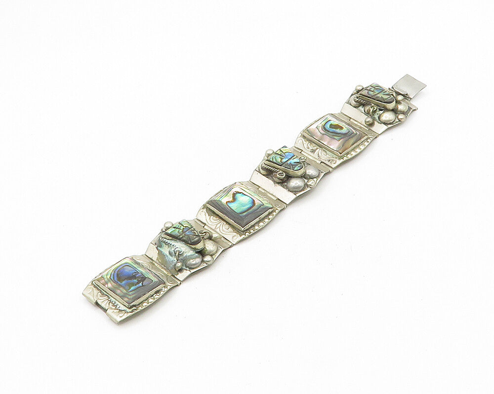 AB MEXICO 925 Silver  Vintage Face Carved Abalone Shell Chain Bracelet  BT7531