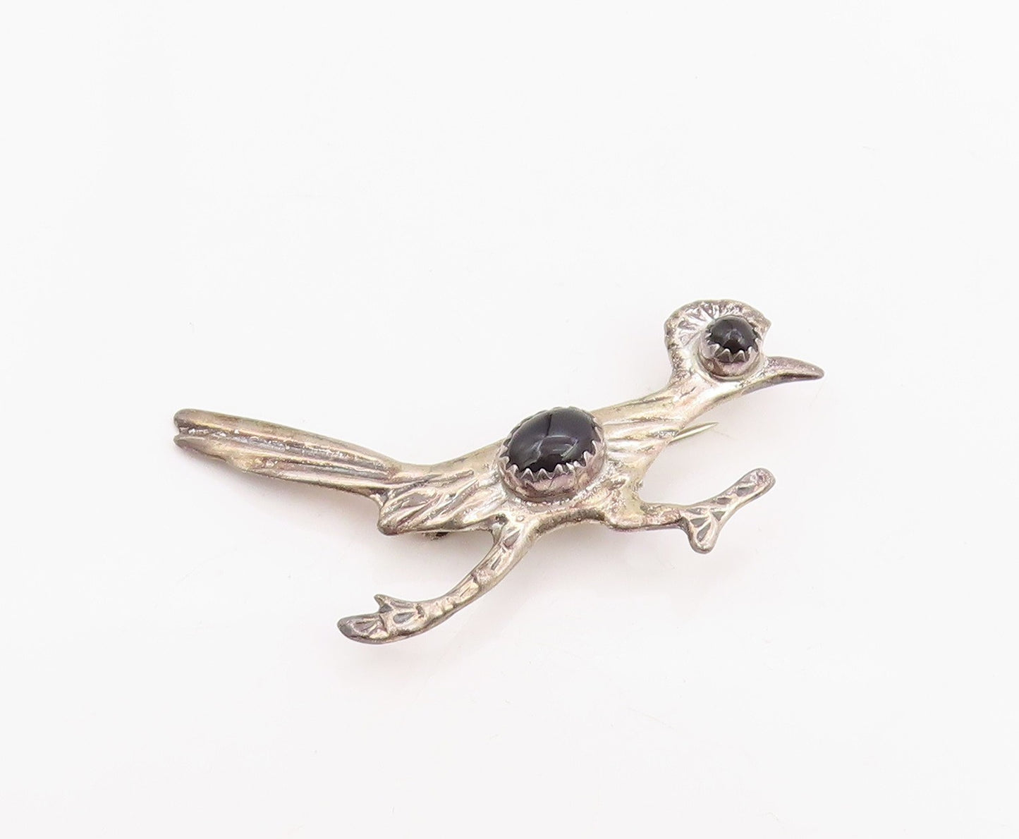925 Sterling Silver Vintage Brooch Pin NAVAJO Cabochon Onyx Roadrunner  BP12292