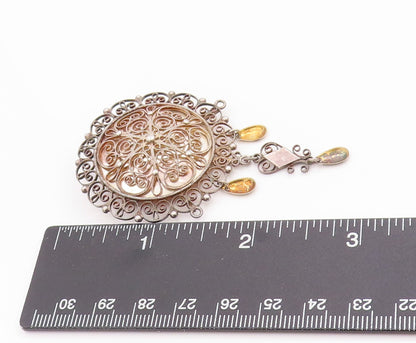925 Sterling Silver Vintage Brooch EUROPE Floral Filigree With Dangles  BP11822