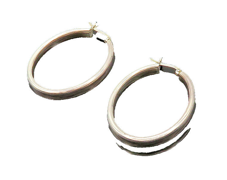 925 Sterling Silver  Vintage Shiny Polished Smooth Oval Hoop Earrings  EG9903