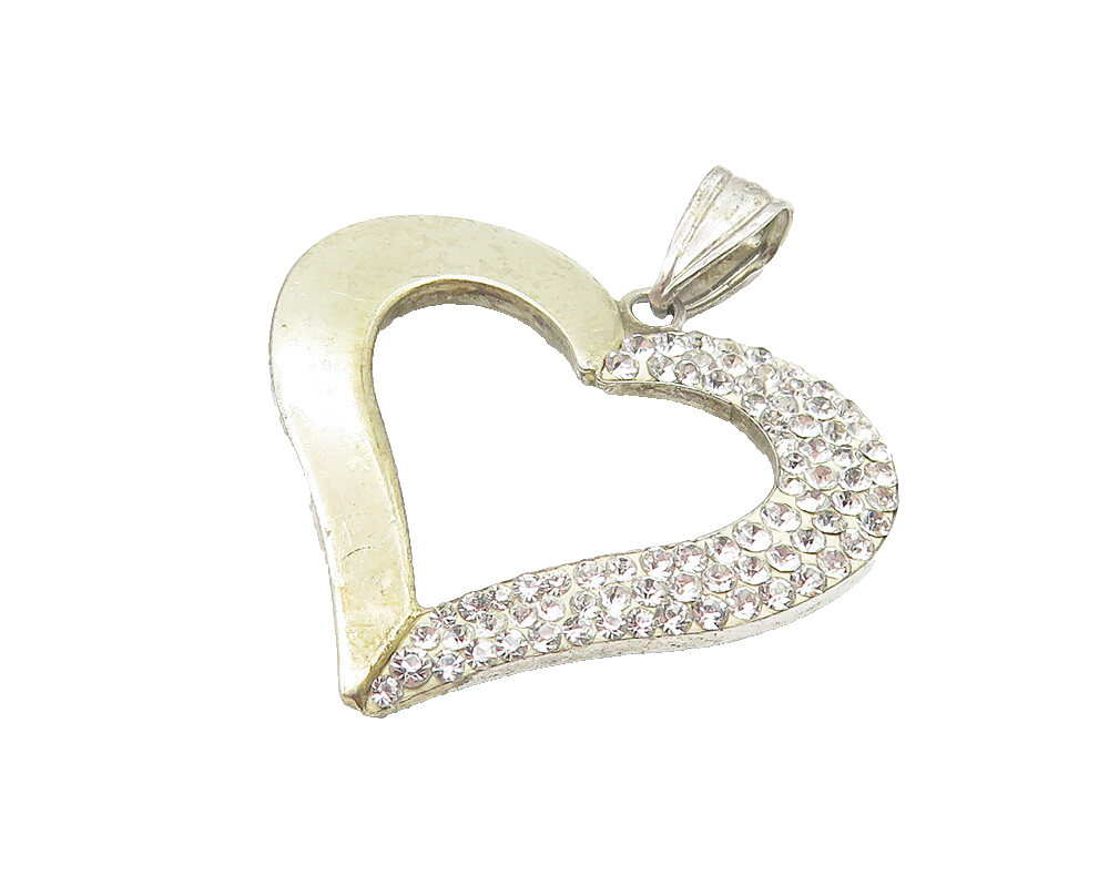 925 Sterling Silver  Vintage Shiny Topaz Open Love Heart Drop Pendant  PT9006