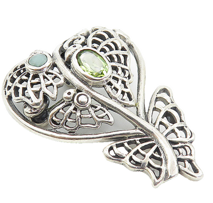 925 Sterling Silver  Vintage Topaz & Peridot Butterfly Heart Brooch Pin BP2969
