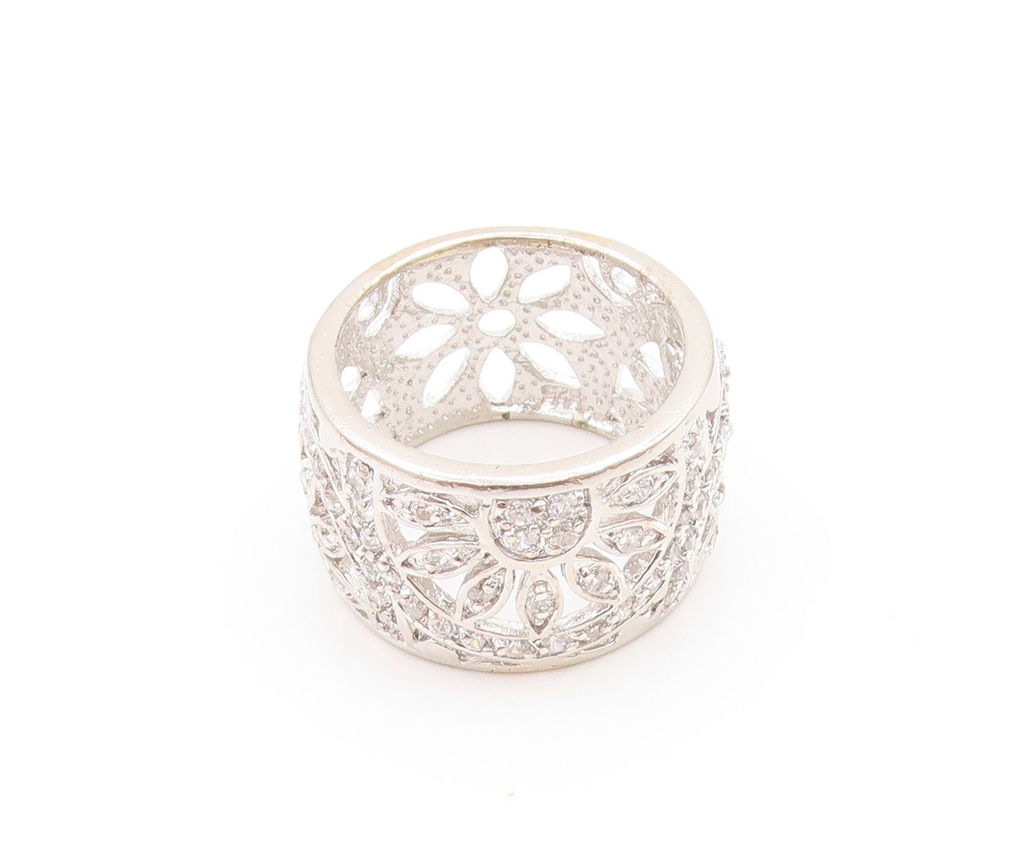 925 Sterling Silver Vintage Ring Modernist CZ Inlay Floral Design  Sz 6  RG31882