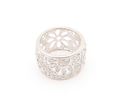 925 Sterling Silver Vintage Ring Modernist CZ Inlay Floral Design  Sz 6  RG31882