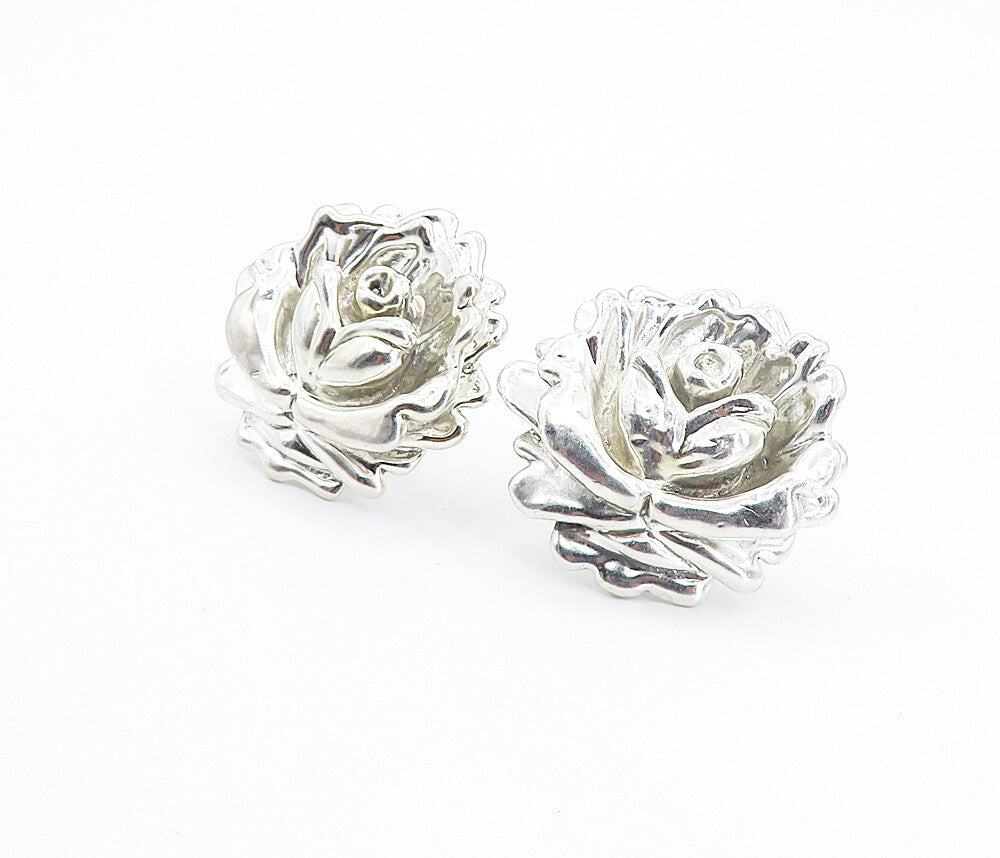 925 Sterling Silver  Vintage Shiny Sculpted Flower Non Pierce Earrings  EG3052