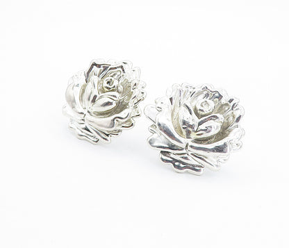 925 Sterling Silver  Vintage Shiny Sculpted Flower Non Pierce Earrings  EG3052