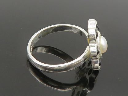 925 Sterling Silver  Vintage Cultured Pearl & Onyx Flower Ring Sz 7  RG24448