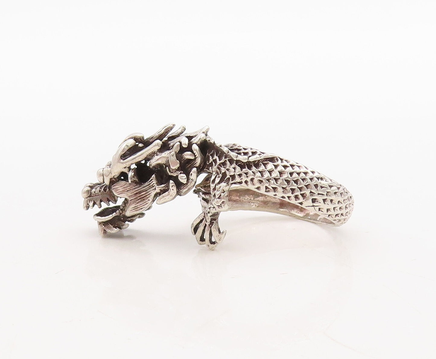 925 Sterling Silver Vintage Ring Dark Tone Carved Angry Dragon  Sz 9  RG31692