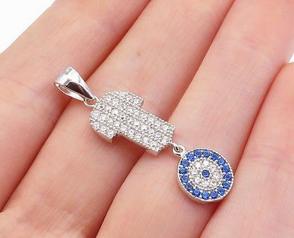 925 Sterling Silver  Petite Shiny Cubic Zirconia Hamsa Evil Eye Pendant PT5921