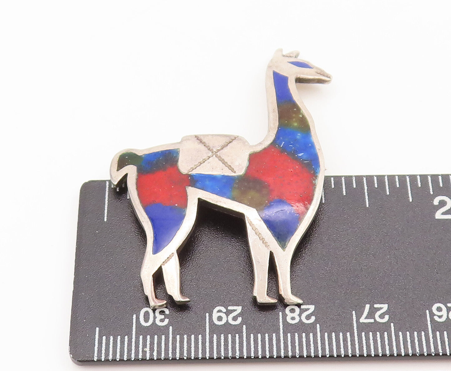 PERU 925 Silver  Vintage Blue Red Enameled Cutout Sheep Brooch Pin  BP10298