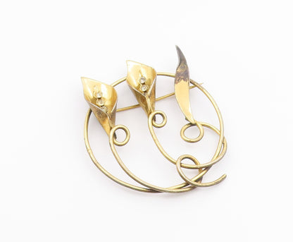 925 Sterling Silver  Vintage Topaz Gold Plated Lily Flowers Brooch Pin  BP6520