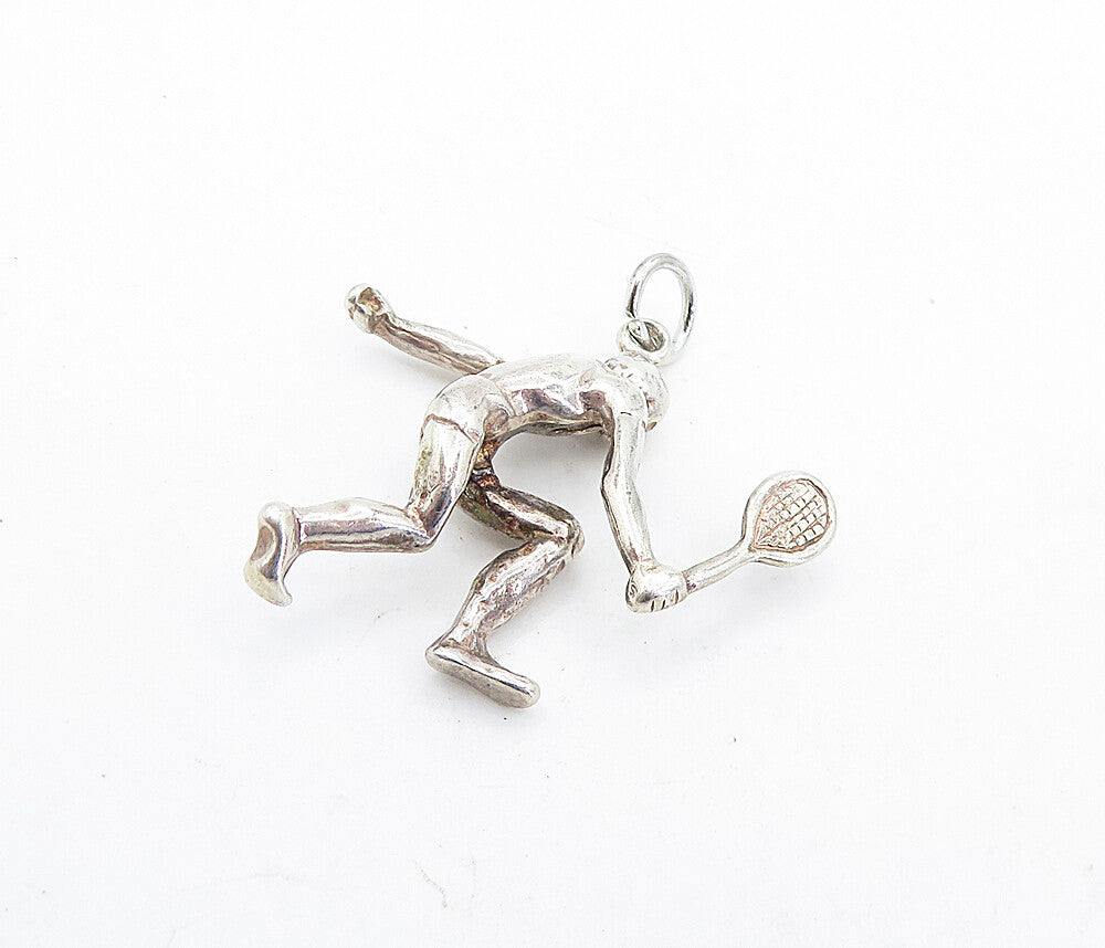 925 Sterling Silver  Vintage Shiny Sculpted Tennis Player Pendant  PT4764