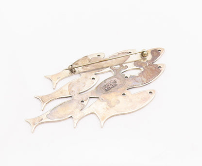 925 Sterling Silver Vintage Brooch Pin MEXICO Carved School Of Fish  BP10793