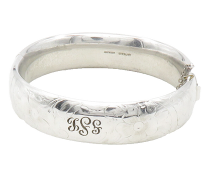 HAYWARD 925 Sterling Silver  Vintage Floral Etched Bangle Bracelet  BT4781