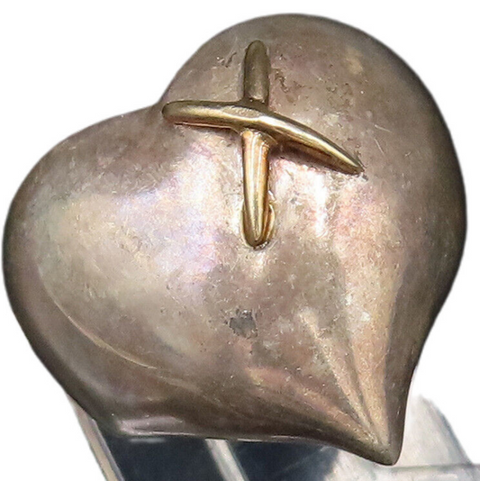 14K GOLD & 925 Silver  Vintage Minimal Love Heart With X Ring Sz 5.75  RG26072